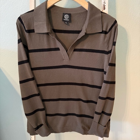 bobeau Sweaters - Bobeau Olive Green Striped Knit Polo V Neck Crop Sweater Size XL